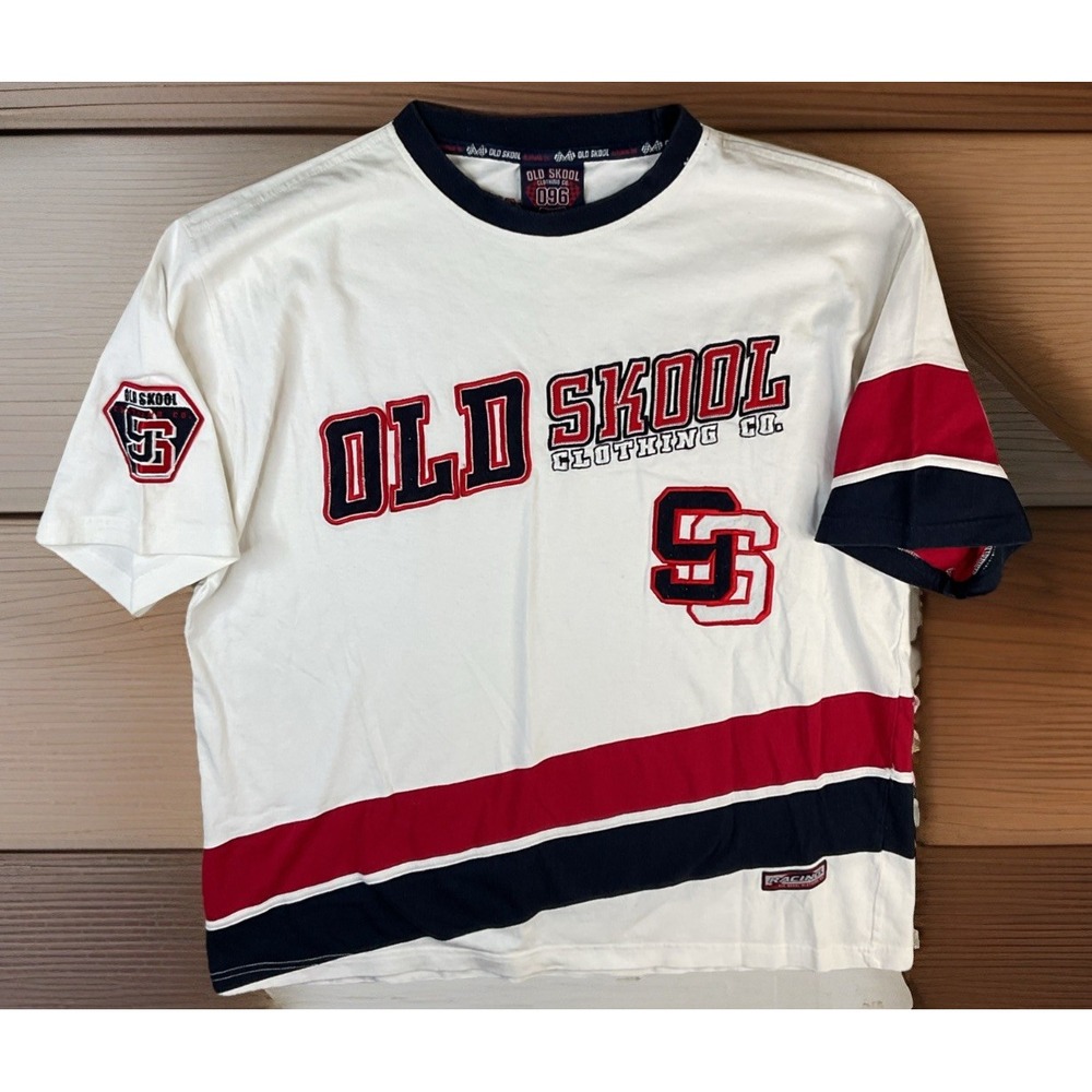 Vintage Old Skool T-Shirt Y2K Embroidered Logos‎ Retro Short Sleeve Men Sz L